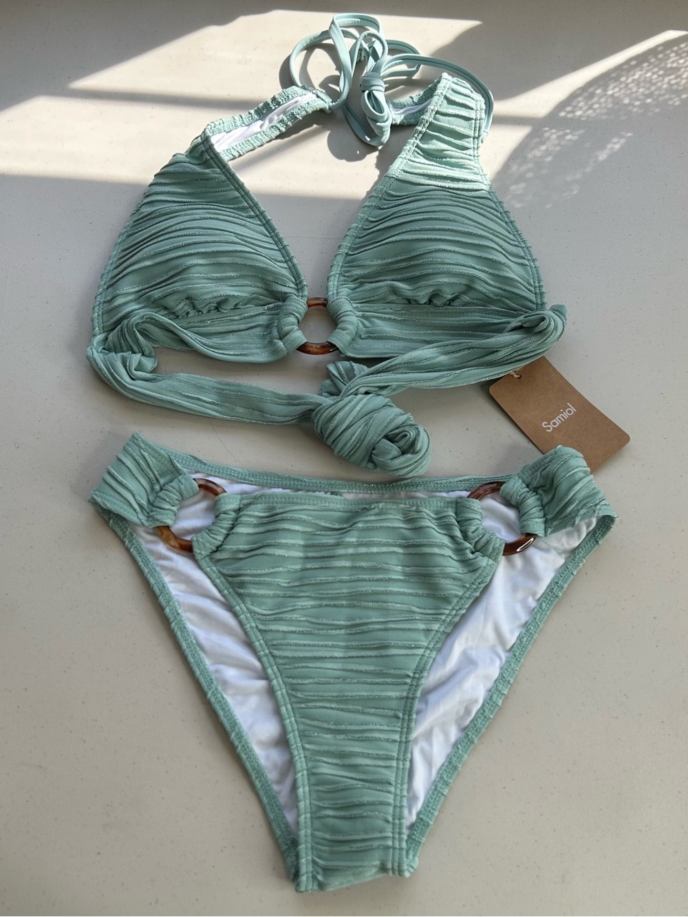 Samiol Bikini Set Medium Grey Green Halter Top New Swimwear
